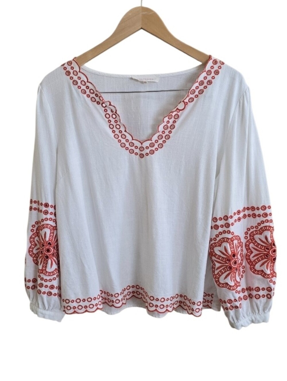 Solitaire Boho Lolita Linen Blend Embroidered Puff Sleeve Blouse. Size Large